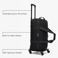 Black rolling suitcase with extended handle and 360-degree spinner wheels on a white background.